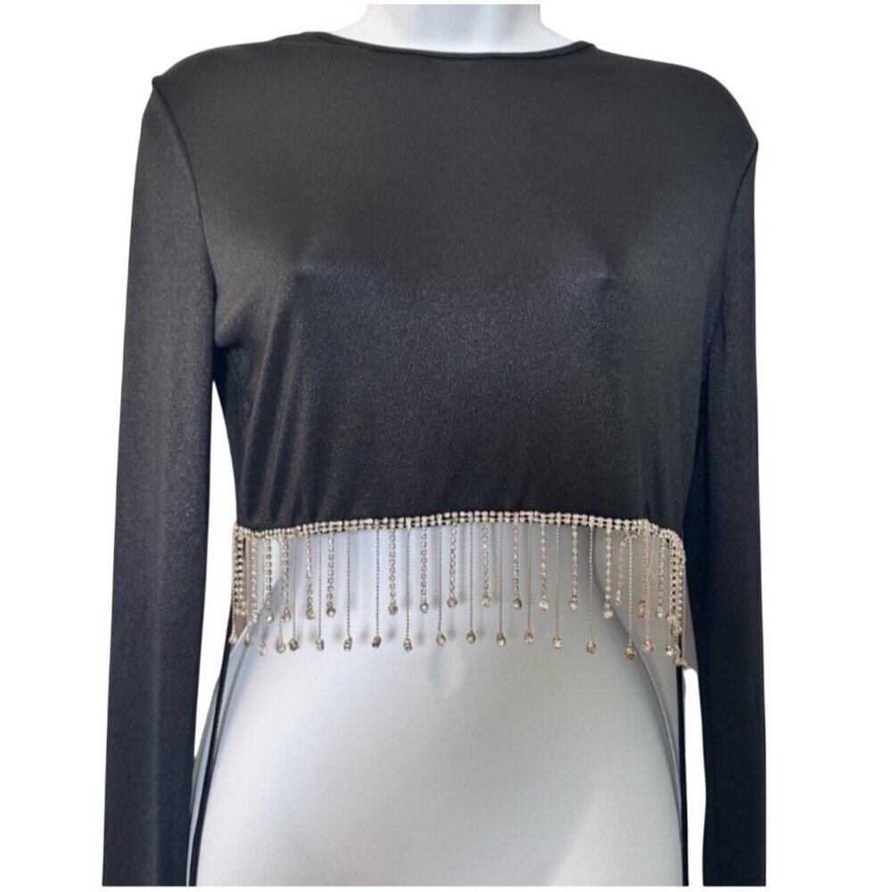 Shein Womens Black Long Sleeve Crop Top With Rhinestone Fringe